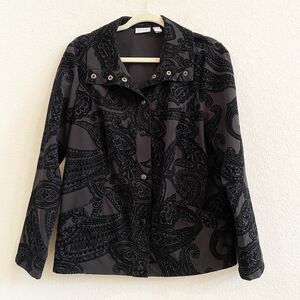 Chico's Black Paisley Neema Flocked Snap Button Long Sleeve Jacket Womans Sz 1 S